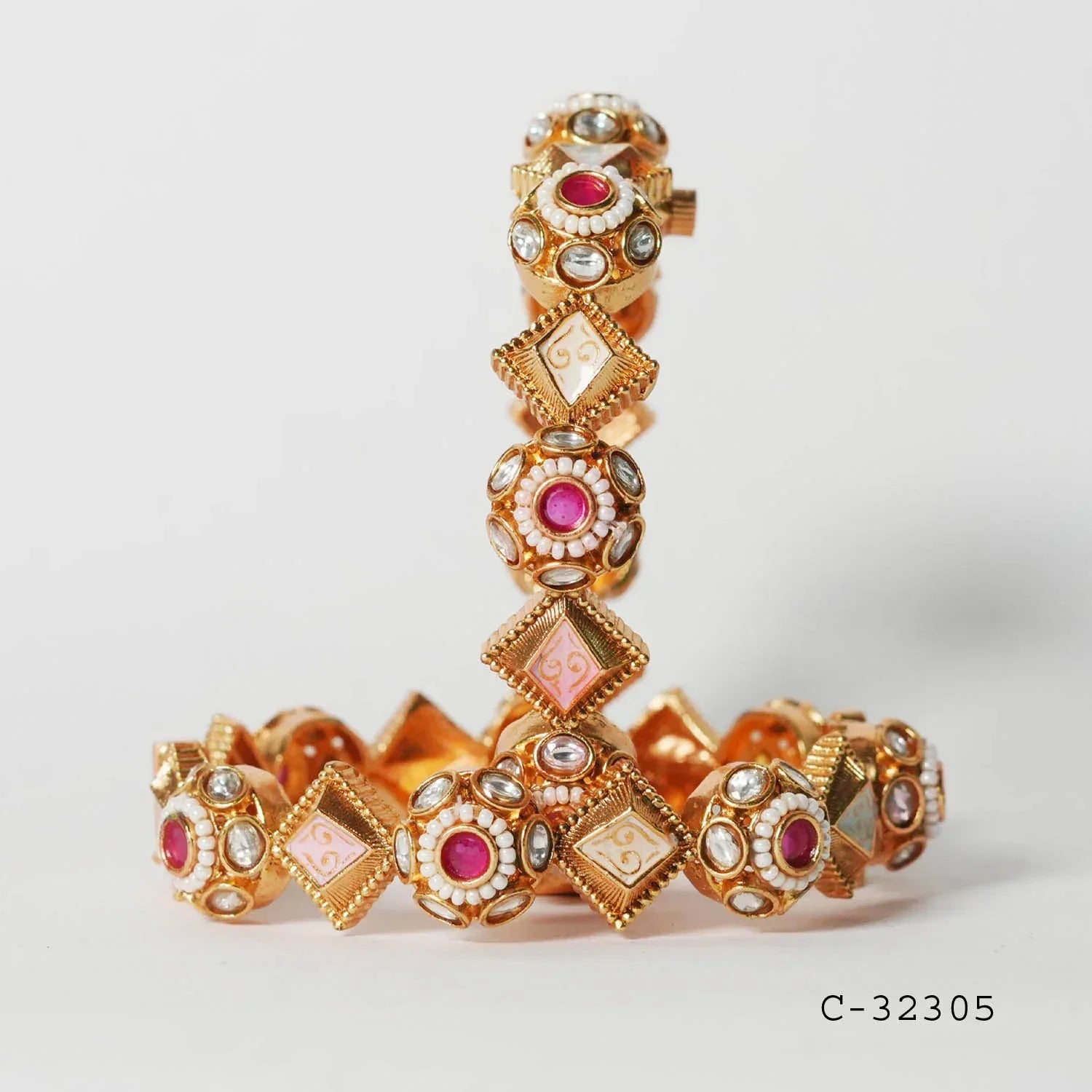 Pearl with Kundan Studded Bracelet for Women & Girls, Antique Design Brass Kada Traditional Indian Jewelry - The Golden Cascade